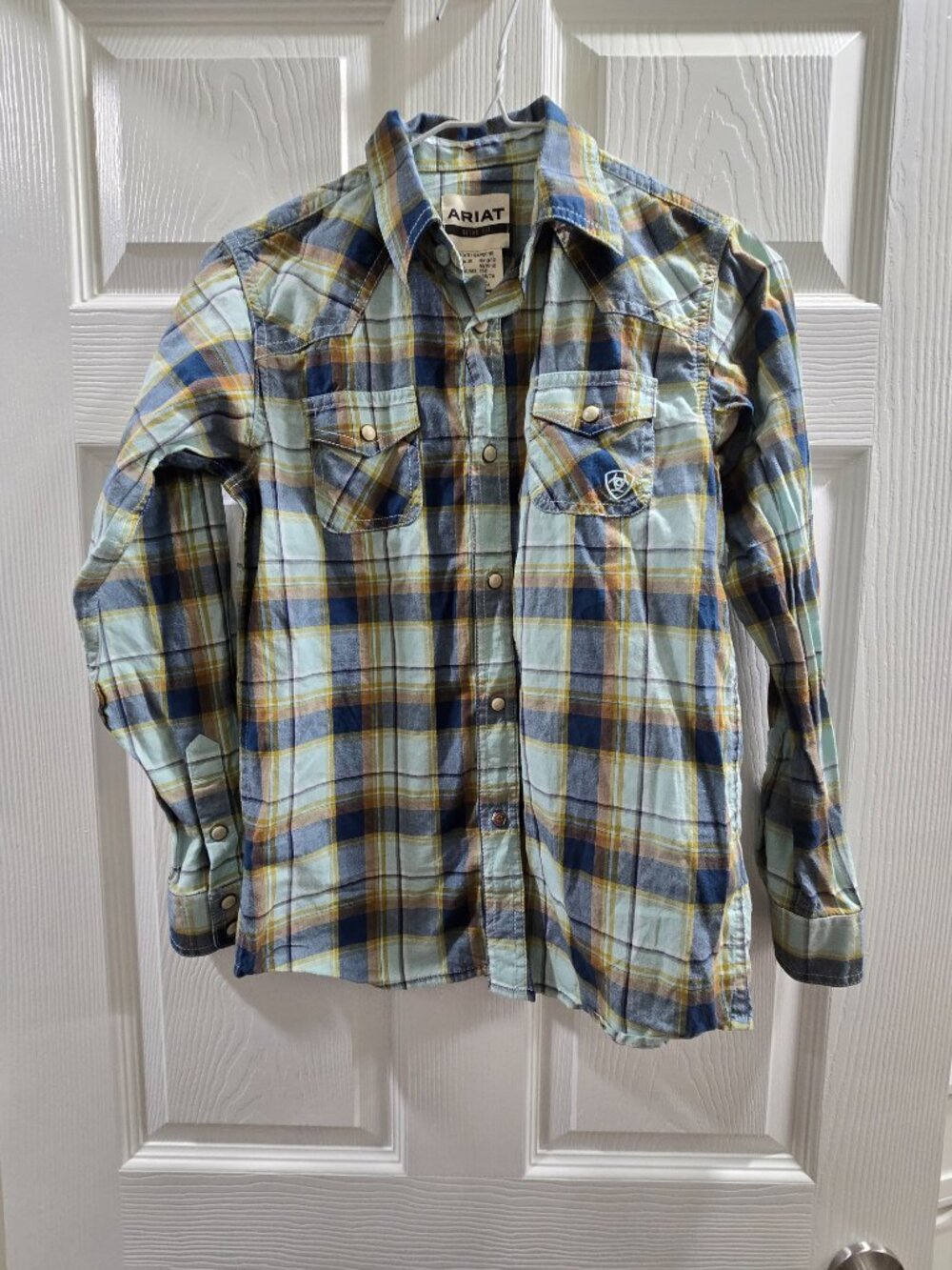 Ariat Shirt Boys Medium 10-12 Blue Plaid Retro Fit Western Snap Button